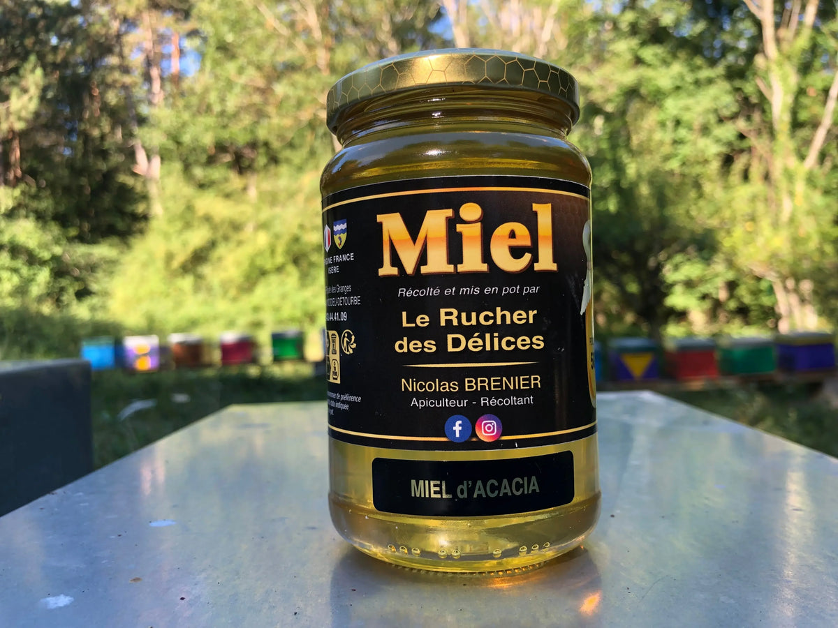 Pot de miel d'acacia français, récolté en Isère par un apiculteur, idéal cadeau mariage ou dégustation.