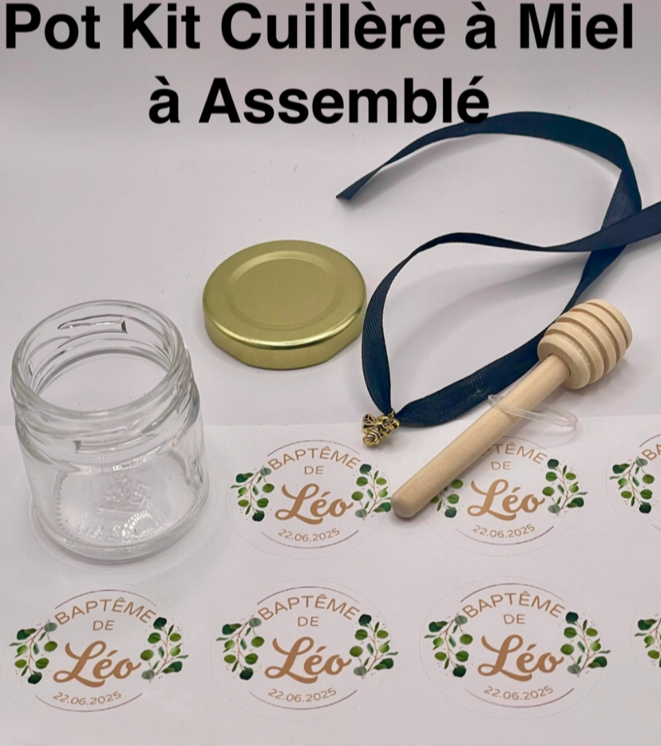 Pot Kit Cuillère à Miel à Assemblée - Pot vide à personnaliser_Kit pour cadeaux Mariage, Baptême, Anniversaire, baby shower... A remplir avec Miel, Dragées, Confiture, Bonbons...