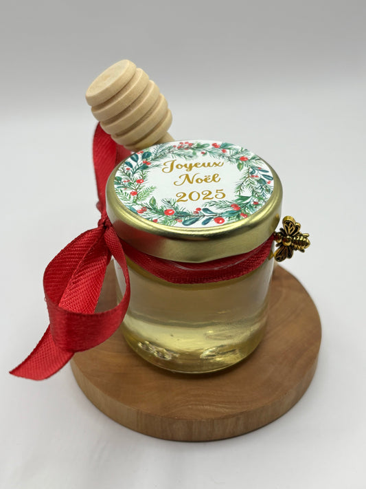 Petit pot de miel artisanal personnalisé Joyeux Noël avec cuillère en bois et ruban rouge APIDELICE