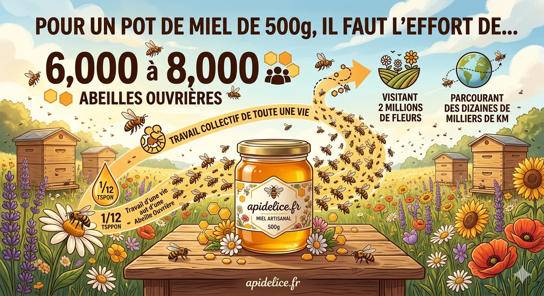Combien d'abeilles faut-il pour produire un pot de miel de 500 grammes ?