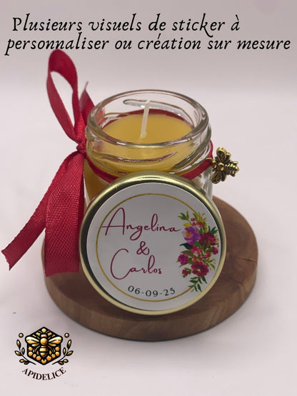 ❤️ Cadeaux invités-Bougie naturel en cire d'abeille à personnaliser Pour Vos Mariage 40ml ❤️ Apidelice