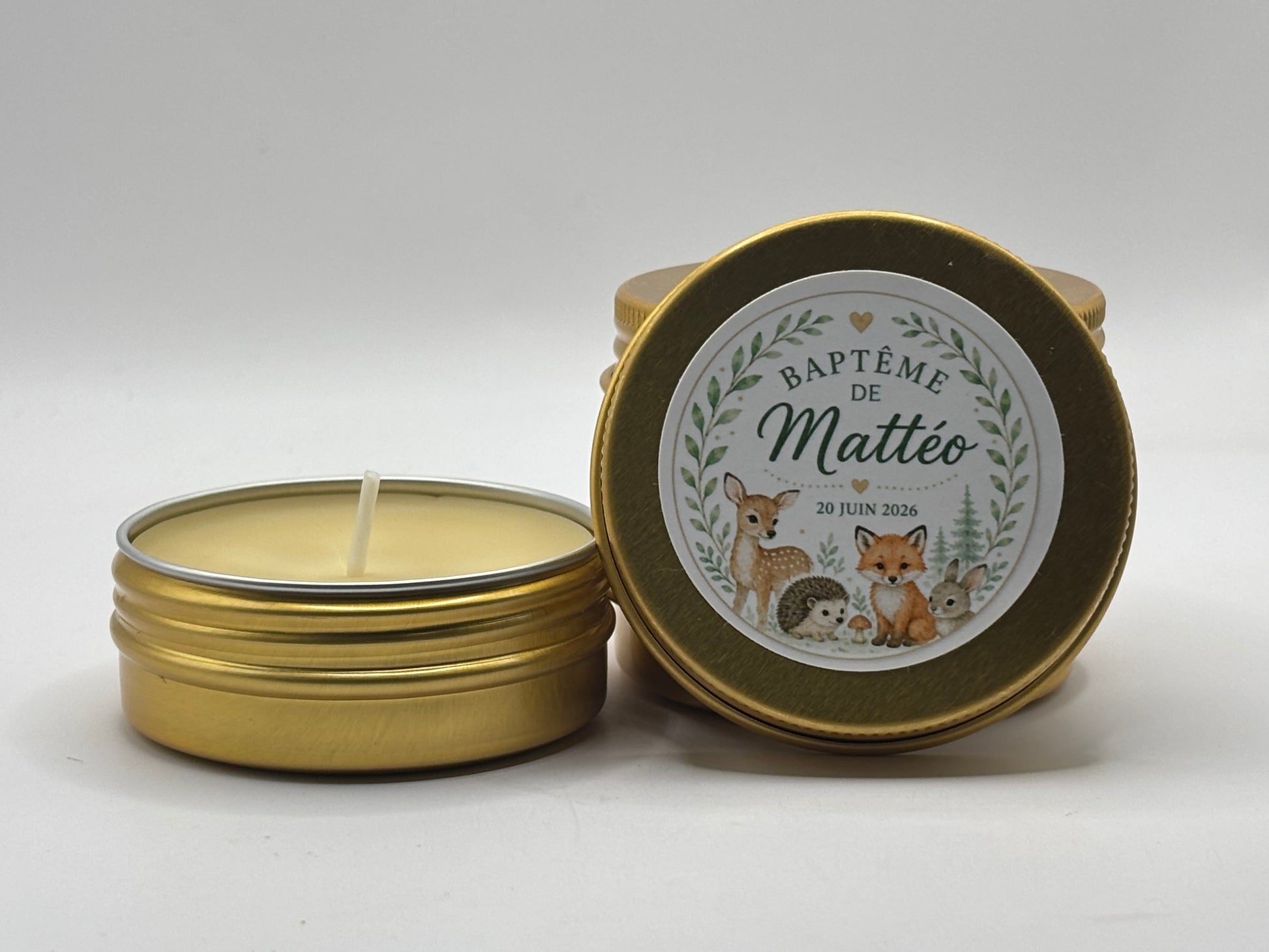 Bougie en cire abeille dans sont petit pot en aluminium - thème animaux de la foret -  Apidelice