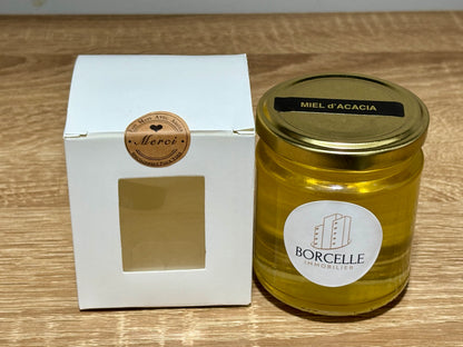 Coffret cadeau pot de miel sur mesure pour entreprise avec fenêtre transparente et sceau Kraft Merci.