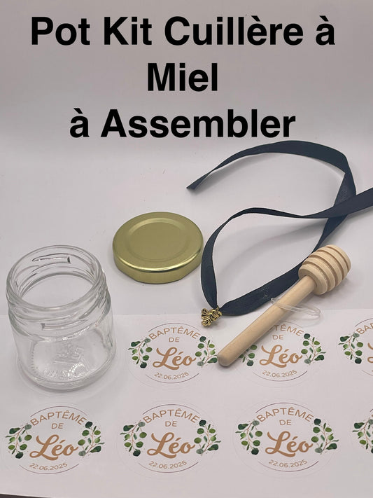 Pot Kit Cuillère à Miel à Assembler - Pot vide à personnaliser_Kit pour cadeaux Mariage, Baptême, Anniversaire, baby shower... A remplir avec Miel, Dragées, Confiture, Bonbons... Apidelice