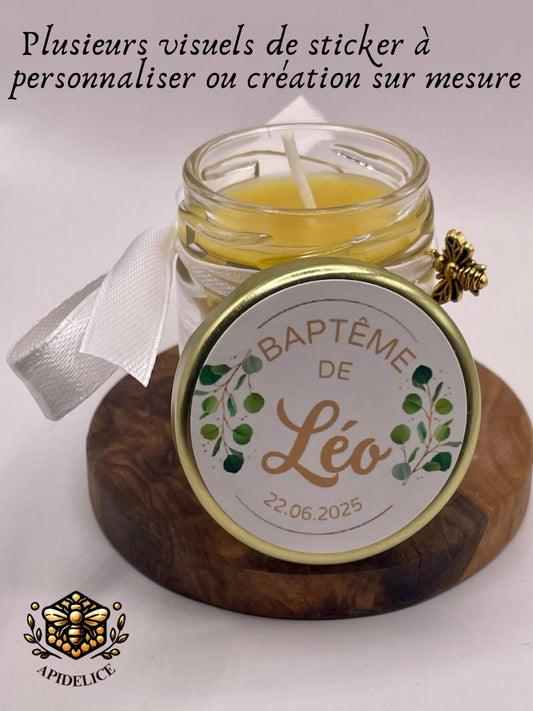 ❤️Cadeaux invités- Bougie naturel en cire d'abeille à personnaliser Pour Vos Baptême 40ml ❤️ Apidelice