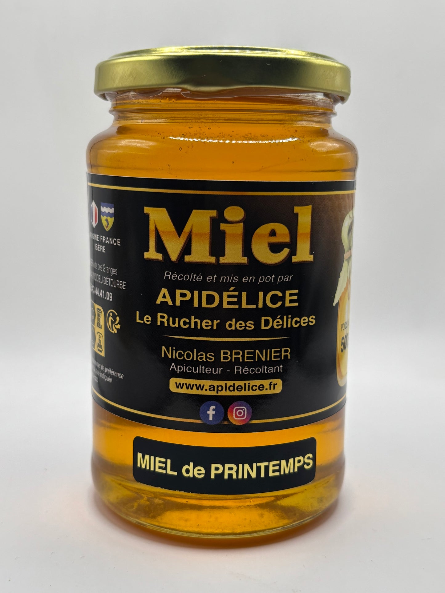 Pot de miel de printemps 500g récolté et mis en pot par l'apiculteur Nicolas Brenier de Apidélice à Moidieu-Détourbe