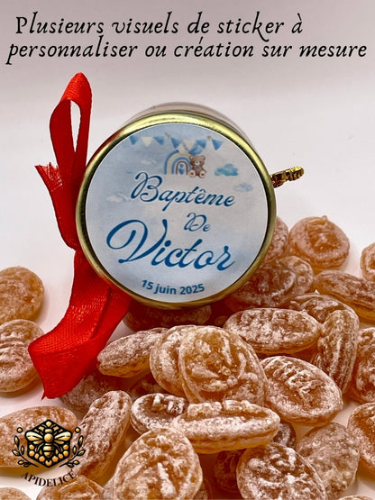 🍬 Cadeaux invités-Pot De Bonbon Au Miel 40ml à personnaliser Pour Vos Baptême 🍬 apidelice